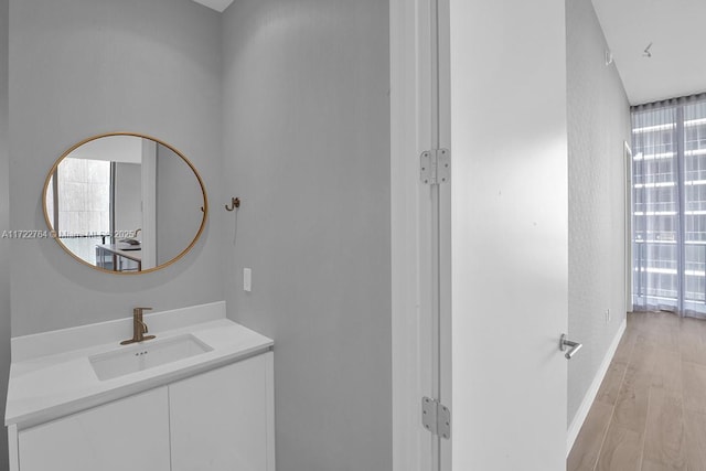 bathroom featuring vanity and hardwood / wood-style flooring