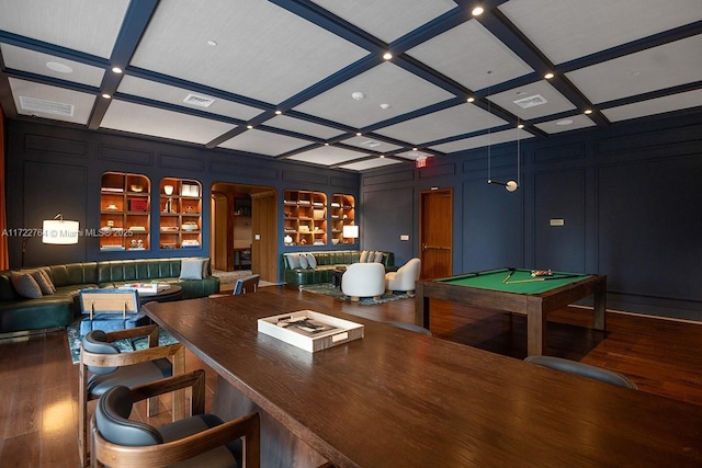 playroom featuring coffered ceiling, built in shelves, wood-type flooring, and billiards