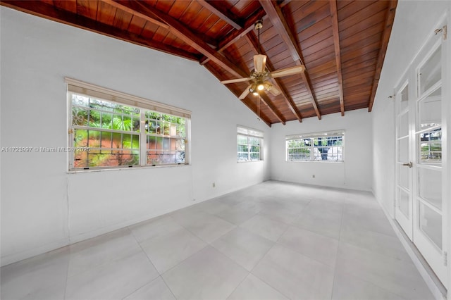 empty room with vaulted ceiling with beams, ceiling fan, and wooden ceiling