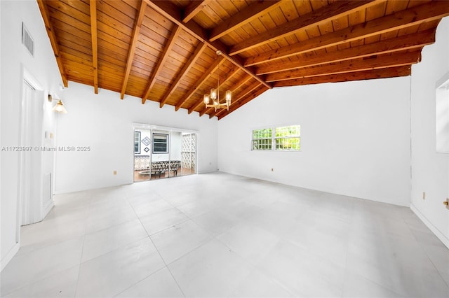 spare room with beam ceiling, wooden ceiling, high vaulted ceiling, and a chandelier