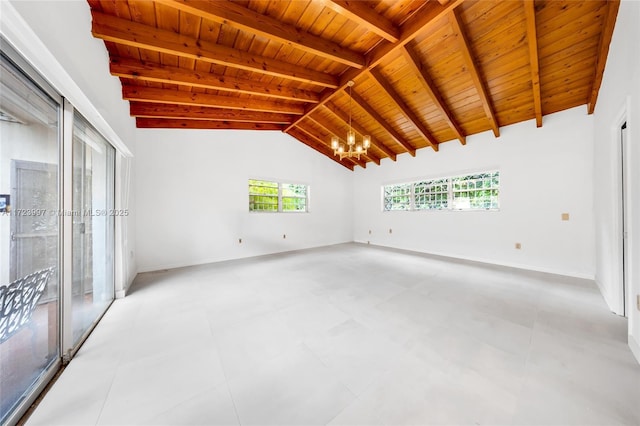 empty room featuring beamed ceiling, wood ceiling, high vaulted ceiling, and a chandelier