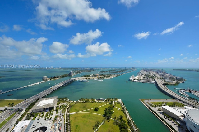 drone / aerial view with a water view