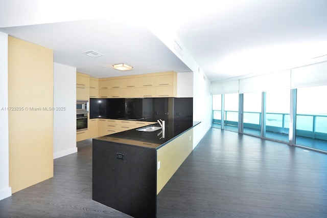 kitchen with kitchen peninsula, appliances with stainless steel finishes, dark wood-type flooring, sink, and a wall of windows