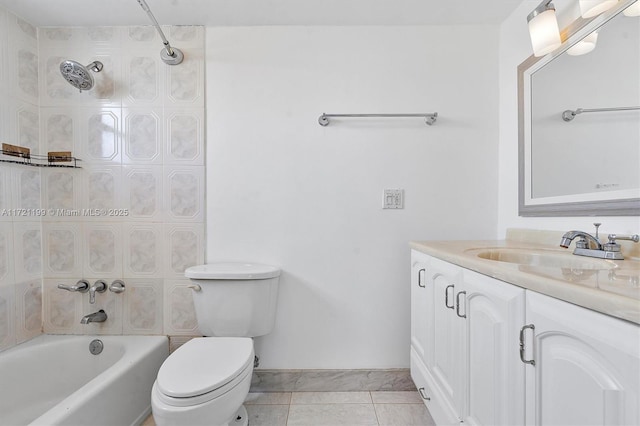 full bathroom with vanity, tiled shower / bath, tile patterned floors, and toilet