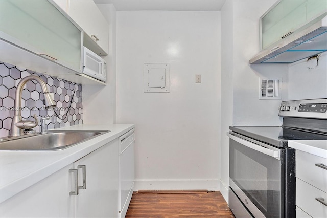 kitchen with sink, tasteful backsplash, stainless steel range with electric cooktop, white dishwasher, and white cabinets