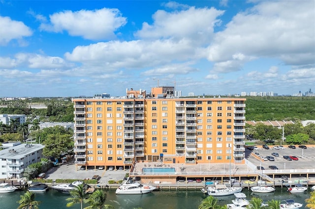 view of building exterior featuring a water view