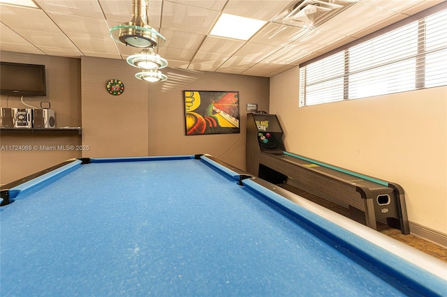 game room featuring a drop ceiling and billiards