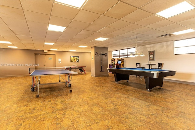 recreation room featuring a drop ceiling and billiards