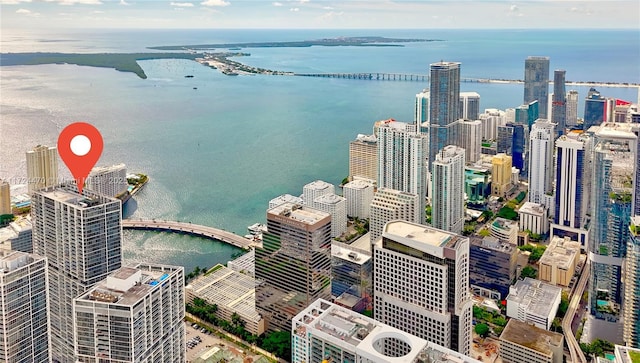 bird's eye view with a water view