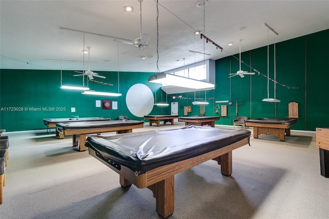 recreation room with ceiling fan, carpet, and billiards