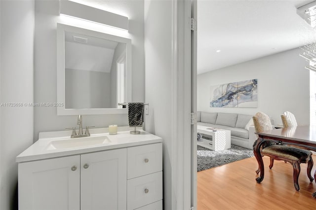 bathroom with vanity and wood-type flooring