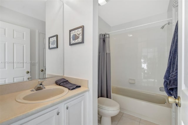 full bathroom featuring toilet, tile patterned floors, vanity, and shower / tub combo with curtain