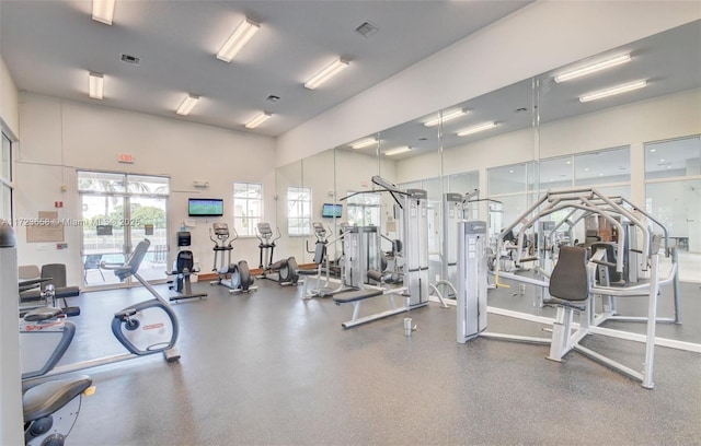 exercise room featuring a towering ceiling