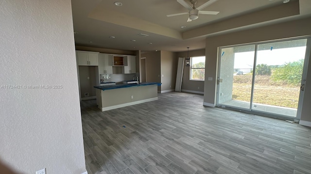 kitchen featuring ceiling fan, a tray ceiling, pendant lighting, white cabinets, and sink