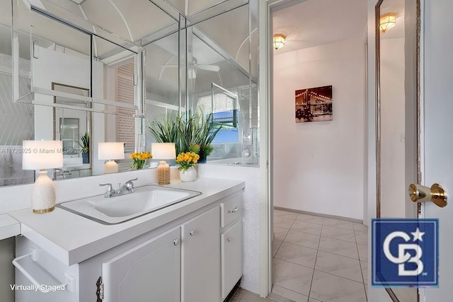 bathroom featuring vanity, tile patterned floors, and ceiling fan