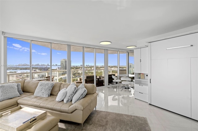 living area featuring a city view and expansive windows
