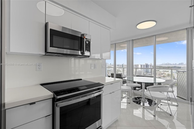 kitchen with light countertops, a wealth of natural light, appliances with stainless steel finishes, and white cabinets