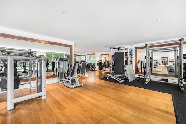 exercise room with hardwood / wood-style floors