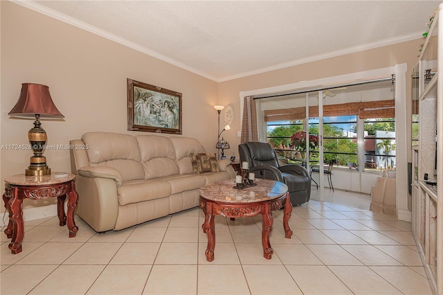 living room with light tile patterned floors and ornamental molding