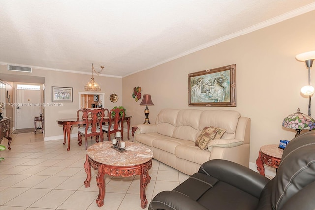 living room featuring light tile patterned floors and ornamental molding