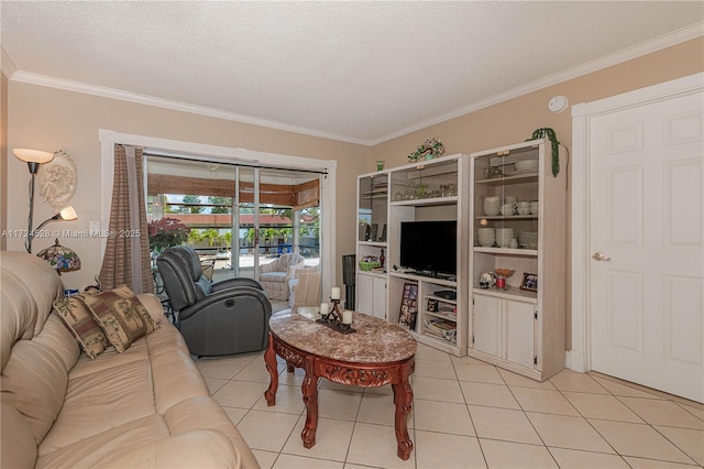 tiled living room with crown molding and a textured ceiling