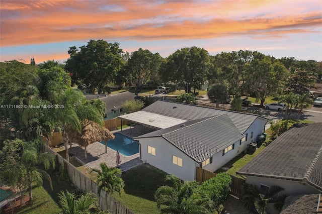 view of aerial view at dusk