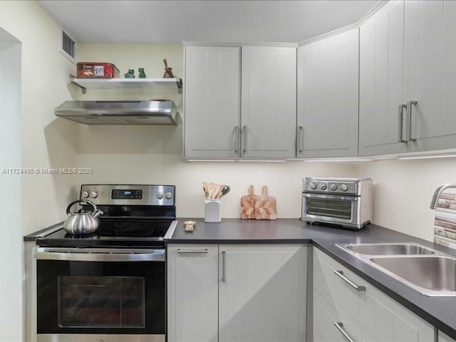 kitchen featuring sink, white cabinetry, and stainless steel electric range