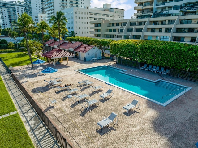 view of swimming pool featuring a gazebo and a patio area