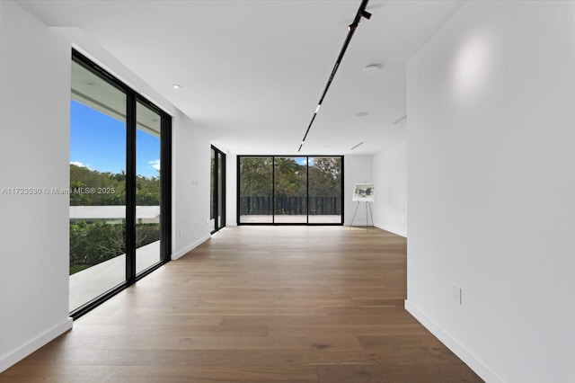 hallway with a wealth of natural light, expansive windows, baseboards, and wood finished floors