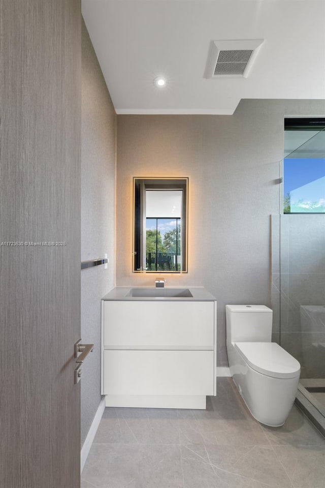 full bathroom with a walk in shower, tile patterned flooring, toilet, vanity, and visible vents