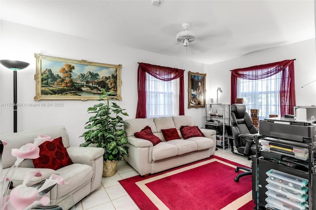 tiled home office with ceiling fan