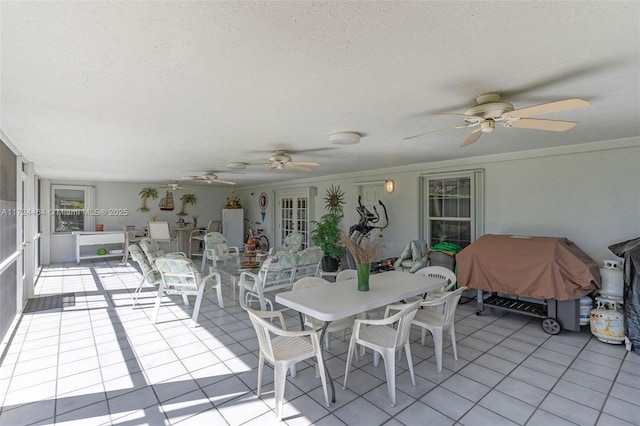 interior space with grilling area and ceiling fan