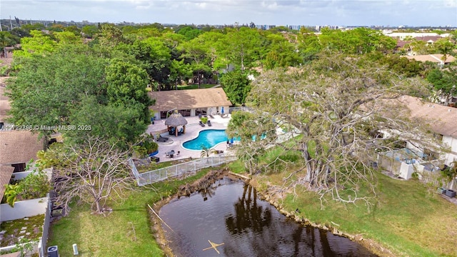 birds eye view of property featuring a water view