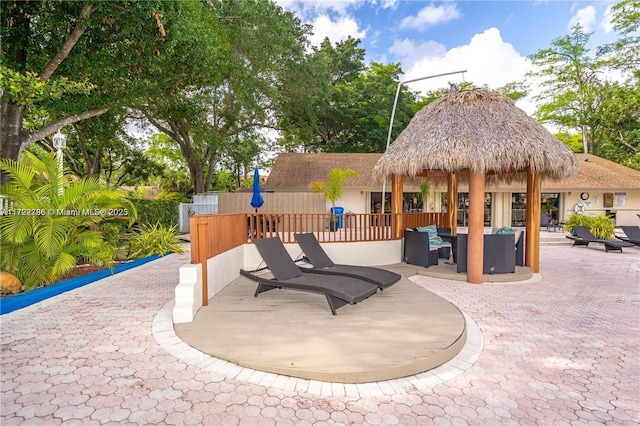 view of patio / terrace featuring a gazebo and an outdoor hangout area