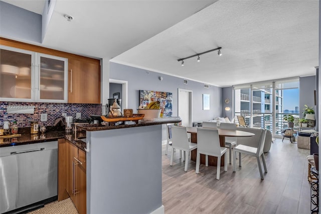 kitchen with dishwasher, floor to ceiling windows, rail lighting, decorative backsplash, and kitchen peninsula