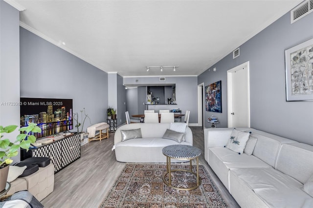 living room featuring wood-type flooring, crown molding, and track lighting