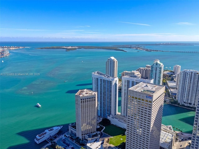 aerial view featuring a water view