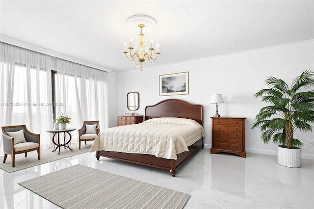 bedroom with a notable chandelier, baseboards, and ornamental molding