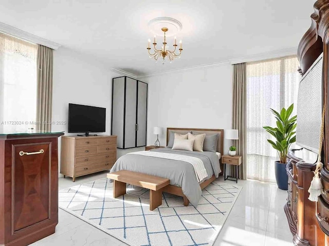 bedroom featuring ornamental molding, marble finish floor, and a chandelier