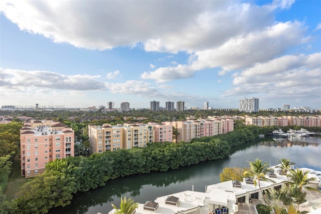 drone / aerial view featuring a view of city and a water view