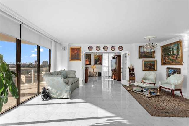 living area with french doors, marble finish floor, crown molding, and an inviting chandelier