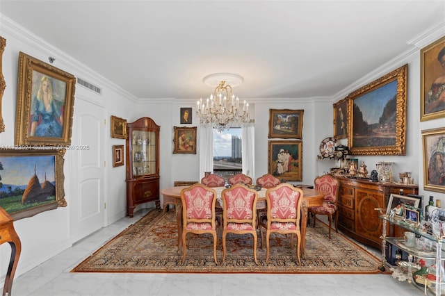 dining room with visible vents, marble finish floor, ornamental molding, and an inviting chandelier