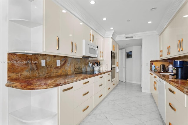 kitchen with white appliances, open shelves, ornamental molding, marble finish floor, and tasteful backsplash