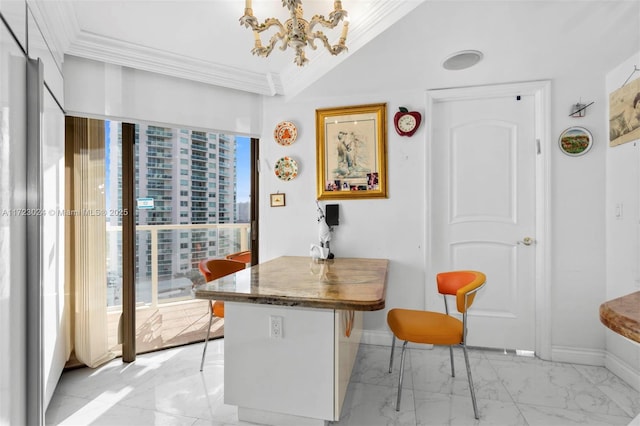 dining space with crown molding, a healthy amount of sunlight, marble finish floor, and baseboards