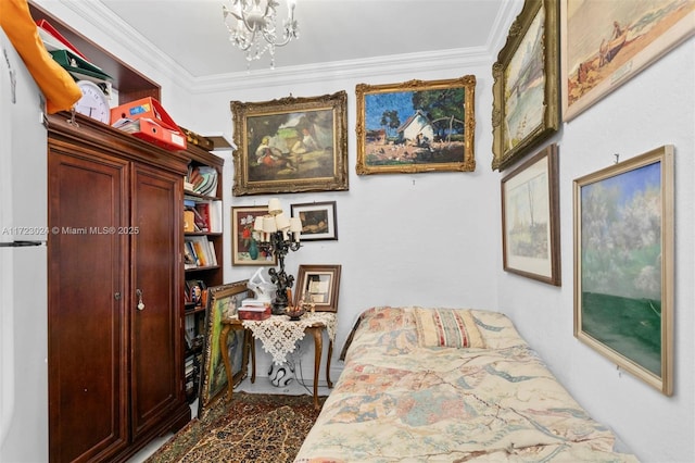 bedroom with crown molding and a chandelier