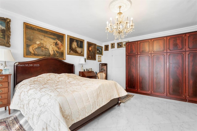 bedroom with an inviting chandelier, crown molding, and marble finish floor