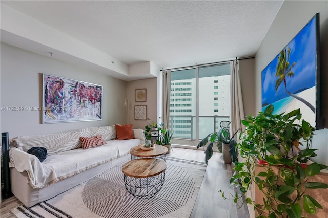 living room featuring expansive windows, light hardwood / wood-style floors, and a textured ceiling