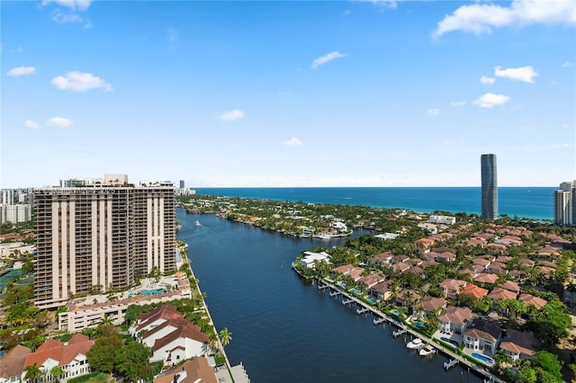 drone / aerial view featuring a water view