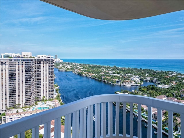 balcony featuring a water view