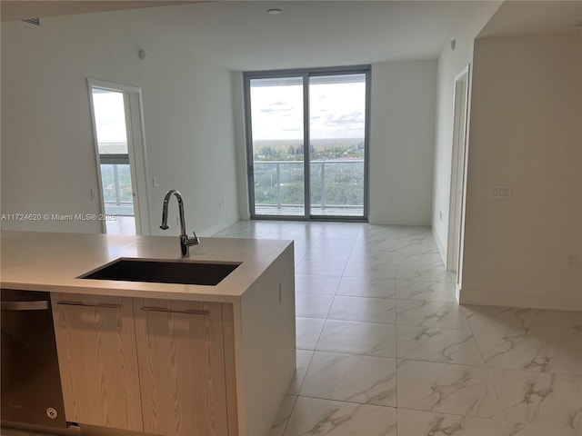 kitchen with black dishwasher, expansive windows, and sink